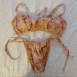 Brown & soft pink floral tie adjustable string bikini BOTTOMS